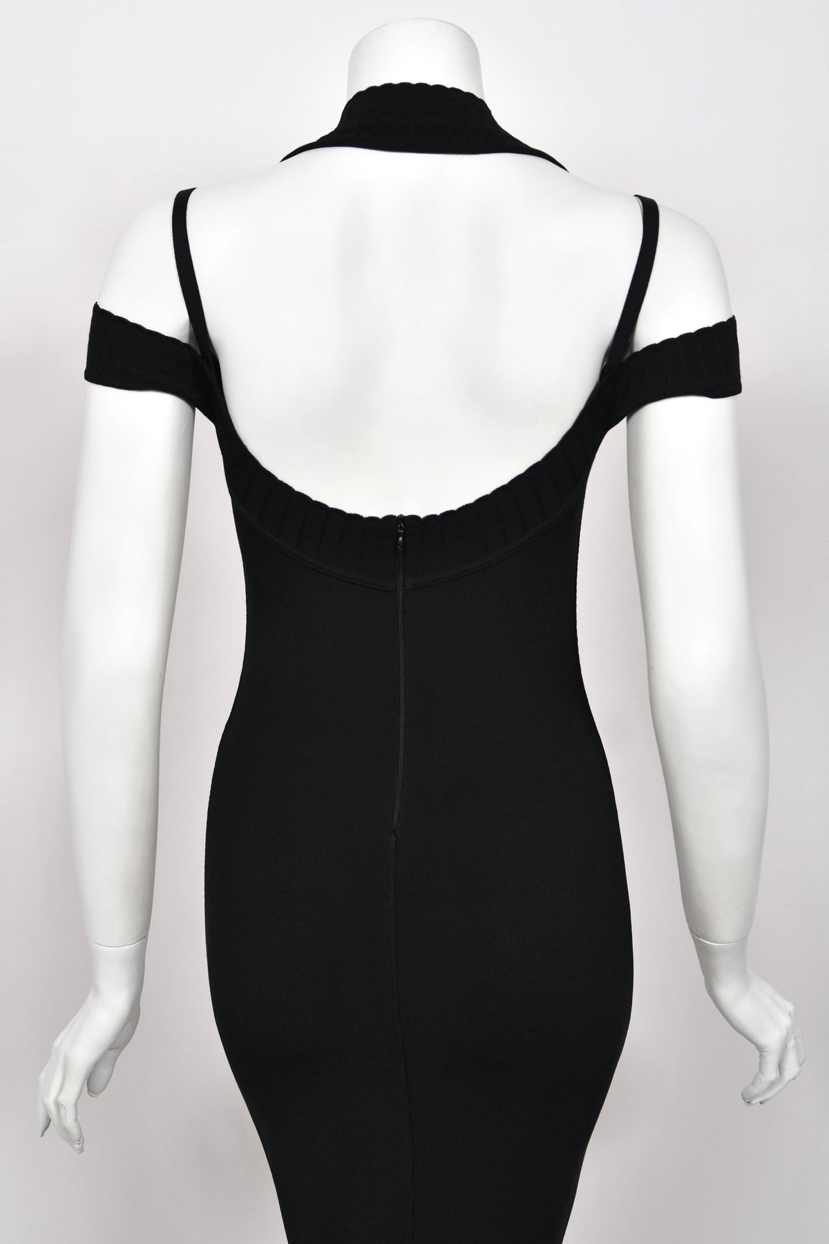 1992 Azzedine Alaia Black Stretch Knit Cold-Shoulder Halter Bodycon Maxi Dress