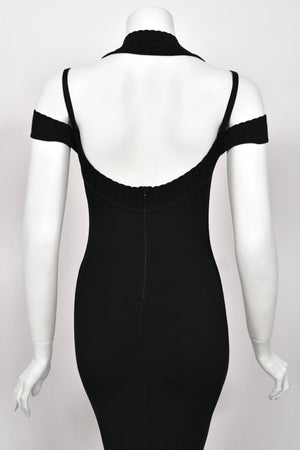 1992 Azzedine Alaia Black Stretch Knit Cold-Shoulder Halter Bodycon Maxi Dress