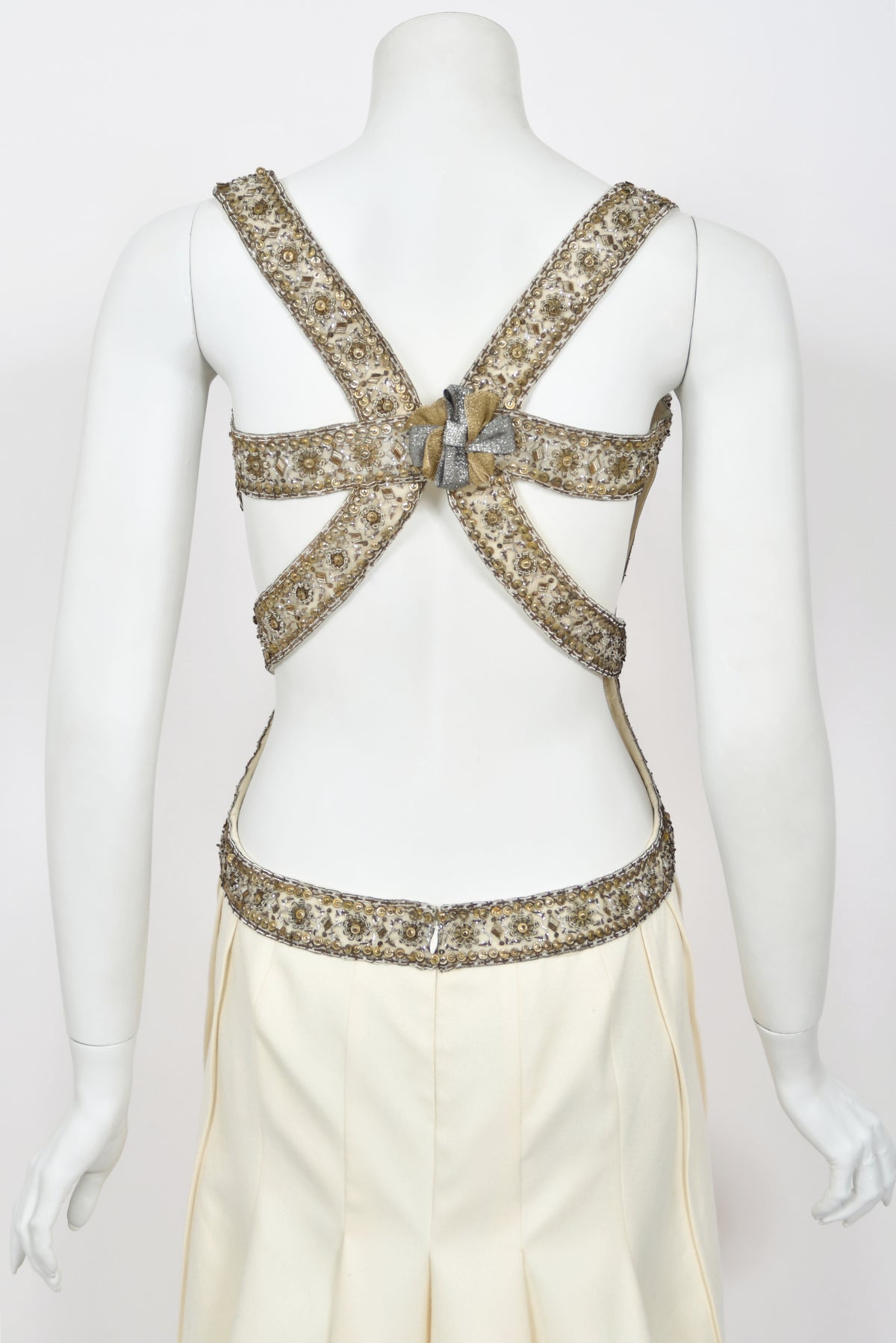 2003 Alexander McQueen Metallic Beaded Embroidered Ivory Wool Open-Back Dress