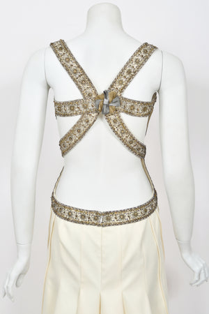 2003 Alexander McQueen Metallic Beaded Embroidered Ivory Wool Open-Back Dress