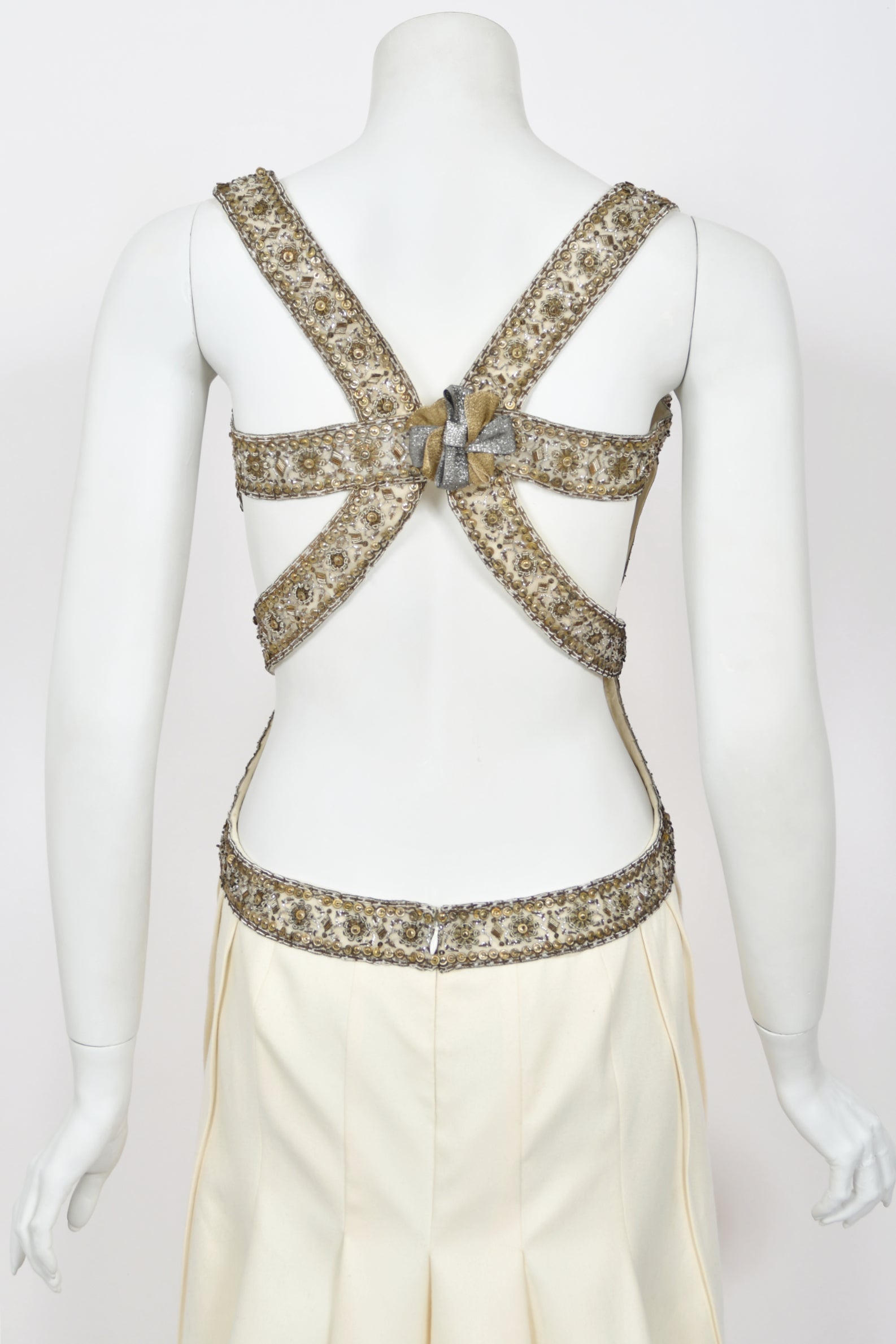2003 Alexander McQueen Metallic Beaded Ivory Wool Open-Back Dress - Timeless Vixen 2003 Alexander McQueen Metallic Beaded Ivory Wool Open-Back Dress - Timeless Vixen