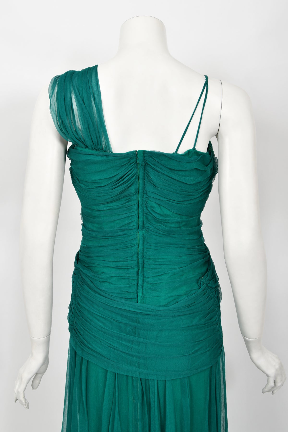 1958 Irene Lentz Couture Teal Green Draped Silk Grecian Goddess Gown