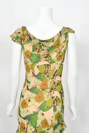 2005 John Galliano Green & Beige Floral Print Silk Tiered Ruffle Bias-Cut Dress