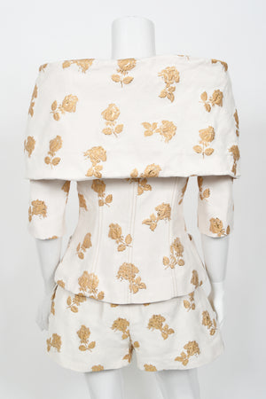 2013 Chanel by Karl Lagerfeld Documented Metallic Gold & Ivory Silk Brocade Jacket w/ Shorts