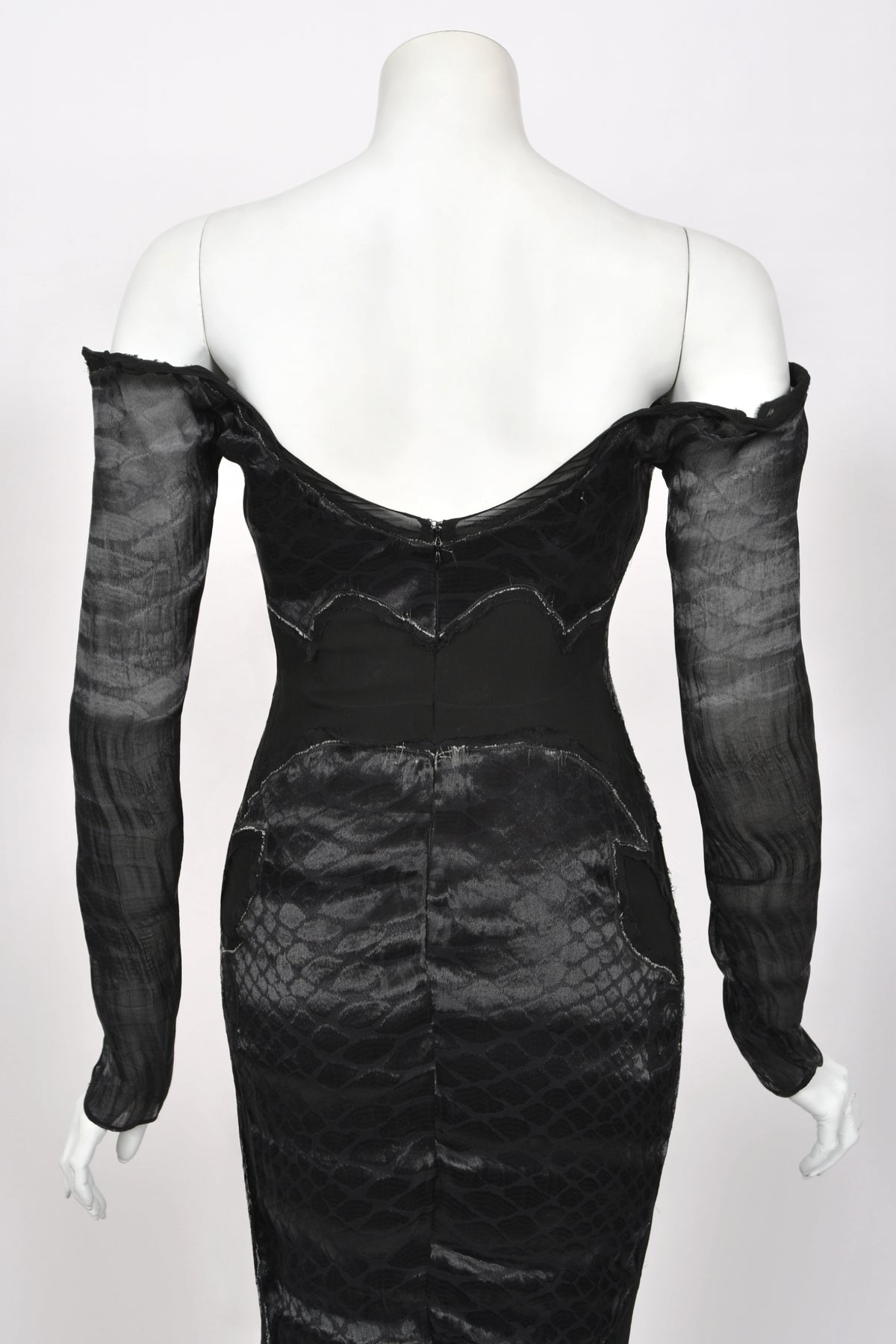 2004 Tom Ford for Yves Saint Laurent Runway Sheer Black Boned Off-Shoulder Hourglass Dress