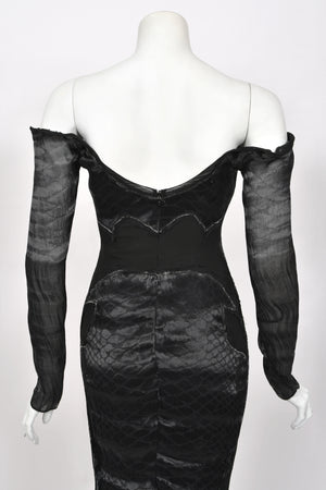 2004 Tom Ford for Yves Saint Laurent Runway Sheer Black Boned Off-Shoulder Hourglass Dress