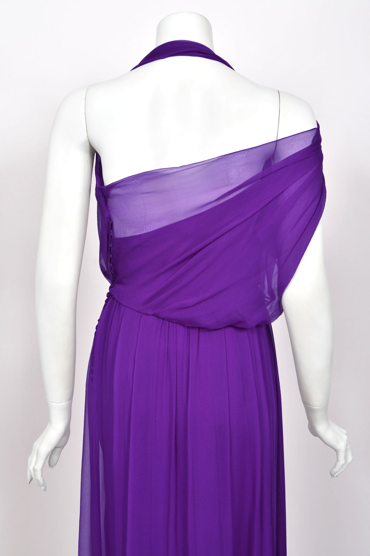 2011 Christian Dior by John Galliano Royal Purple Sheer Silk Low-Cut Asymmetric Goddess Gown