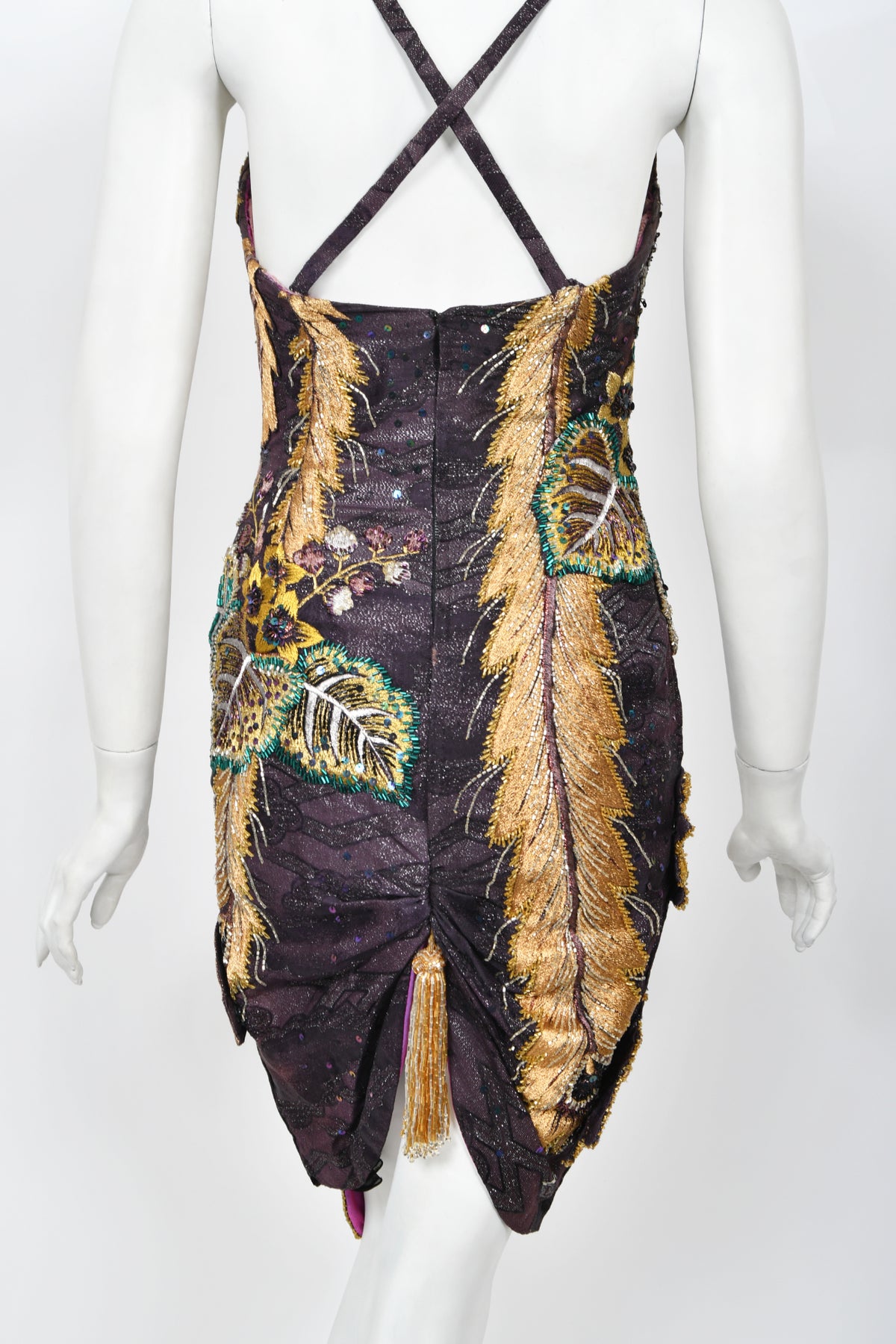 1970&#39;s Embroidered Peacock Motif Beaded Silk Couture Dance Dress