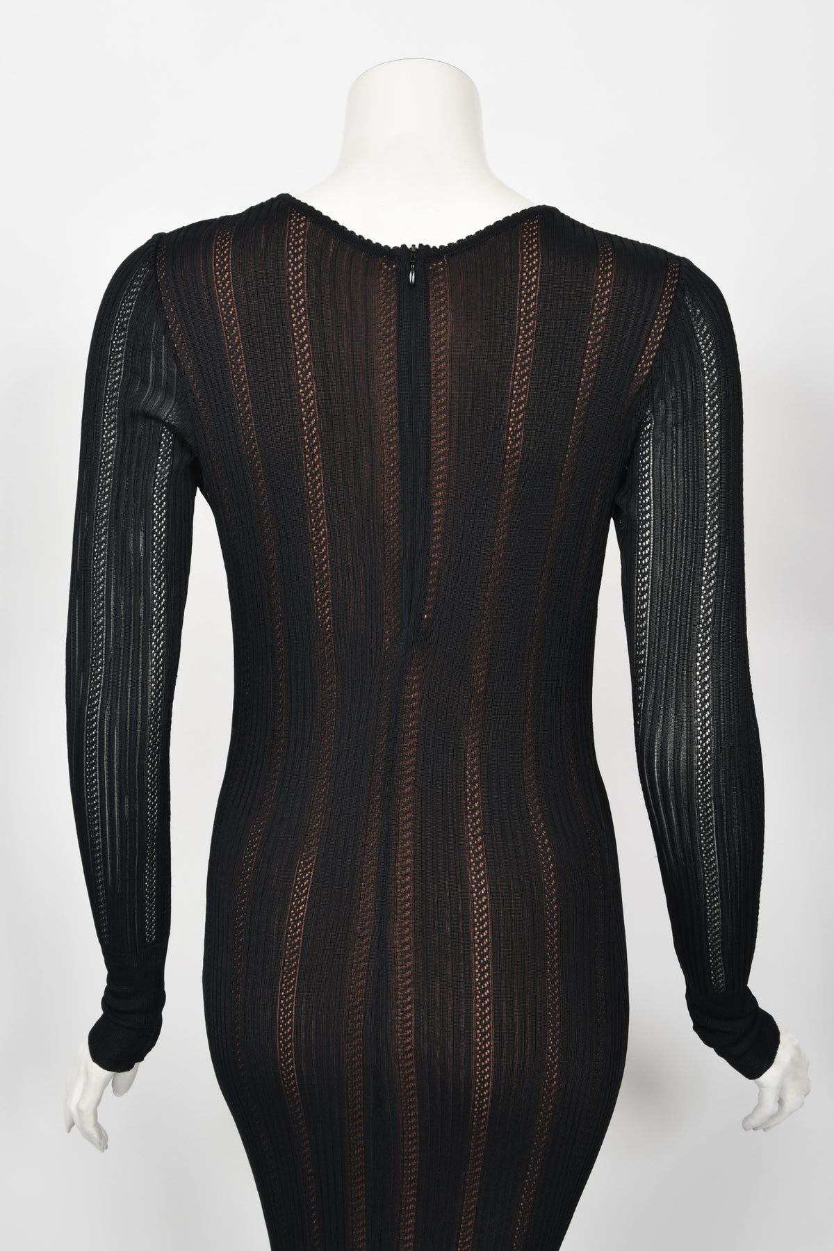 1996 Azzedine Alaia Black Nude-Illusion Knit Bodycon Floor Length Gown
