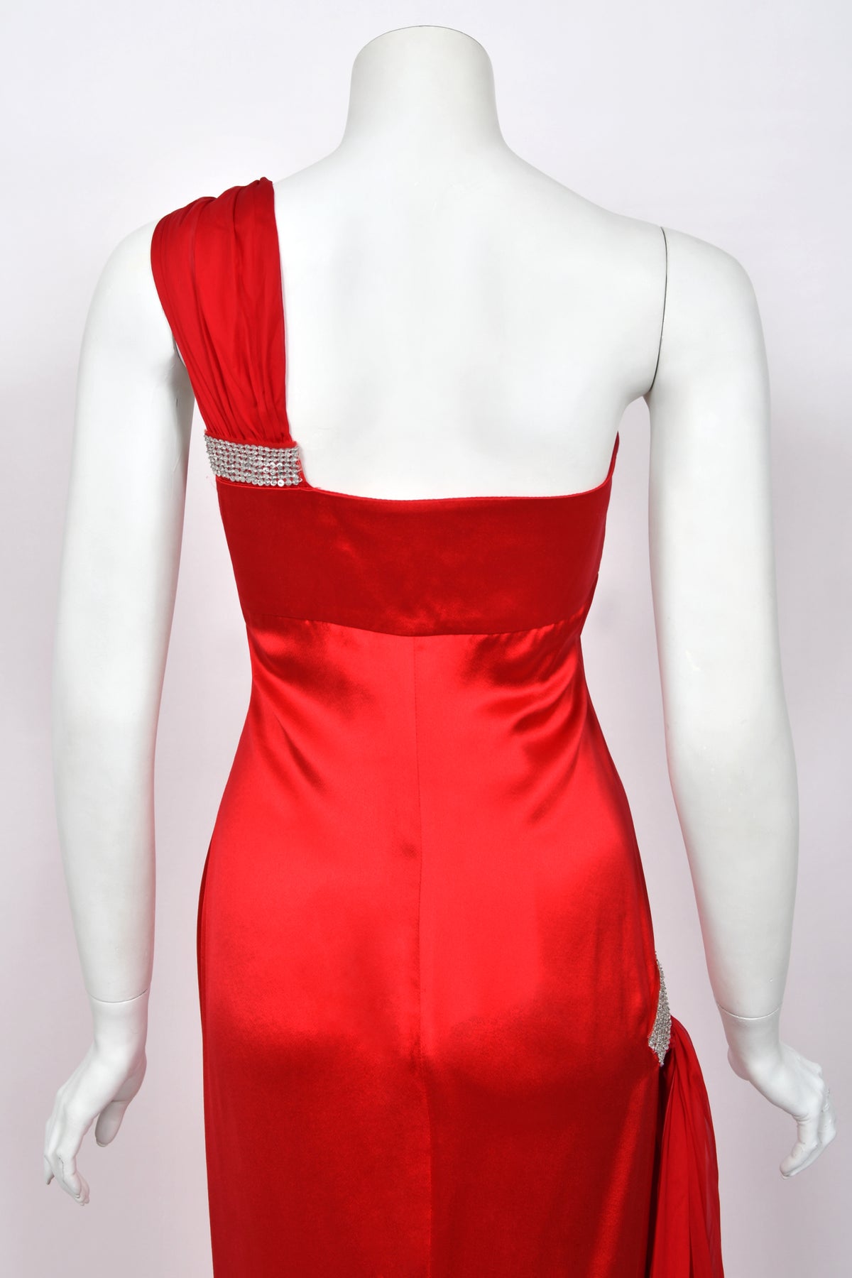 2008 Valentino Ruby Red Sequin Silk Asymmetric One-Shoulder Draped Sash Gown w/Tags