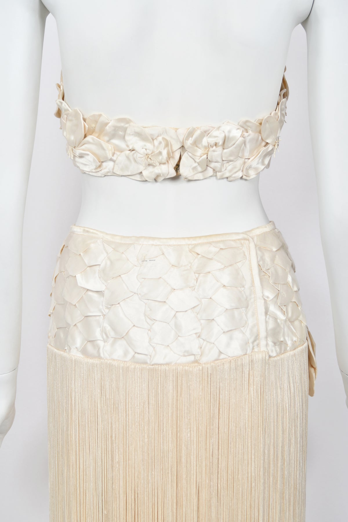 1950&#39;s Ivory Floral Appliqué Silk Bustier Crop Top &amp; Matching Fringe Skirt Set