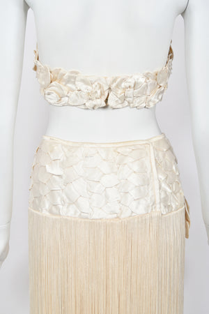 1950's Ivory Floral Appliqué Silk Bustier Crop Top & Matching Fringe Skirt Set