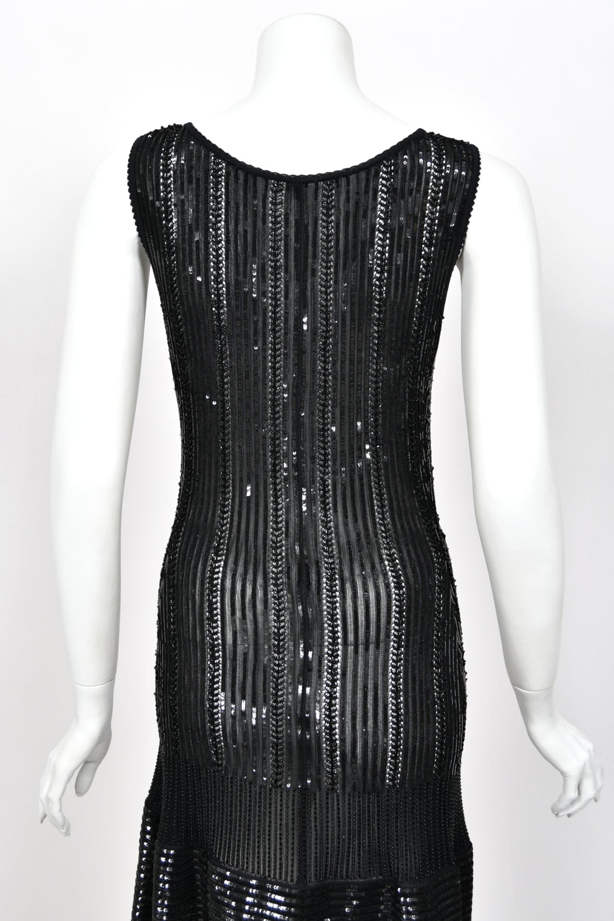 1996 Azzedine Alaia Beaded Sequin Black Semi-Sheer Stretch Knit Flounced Mini Dress