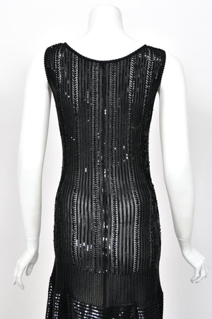 1996 Azzedine Alaia Beaded Sequin Black Semi-Sheer Stretch Knit Flounced Mini Dress