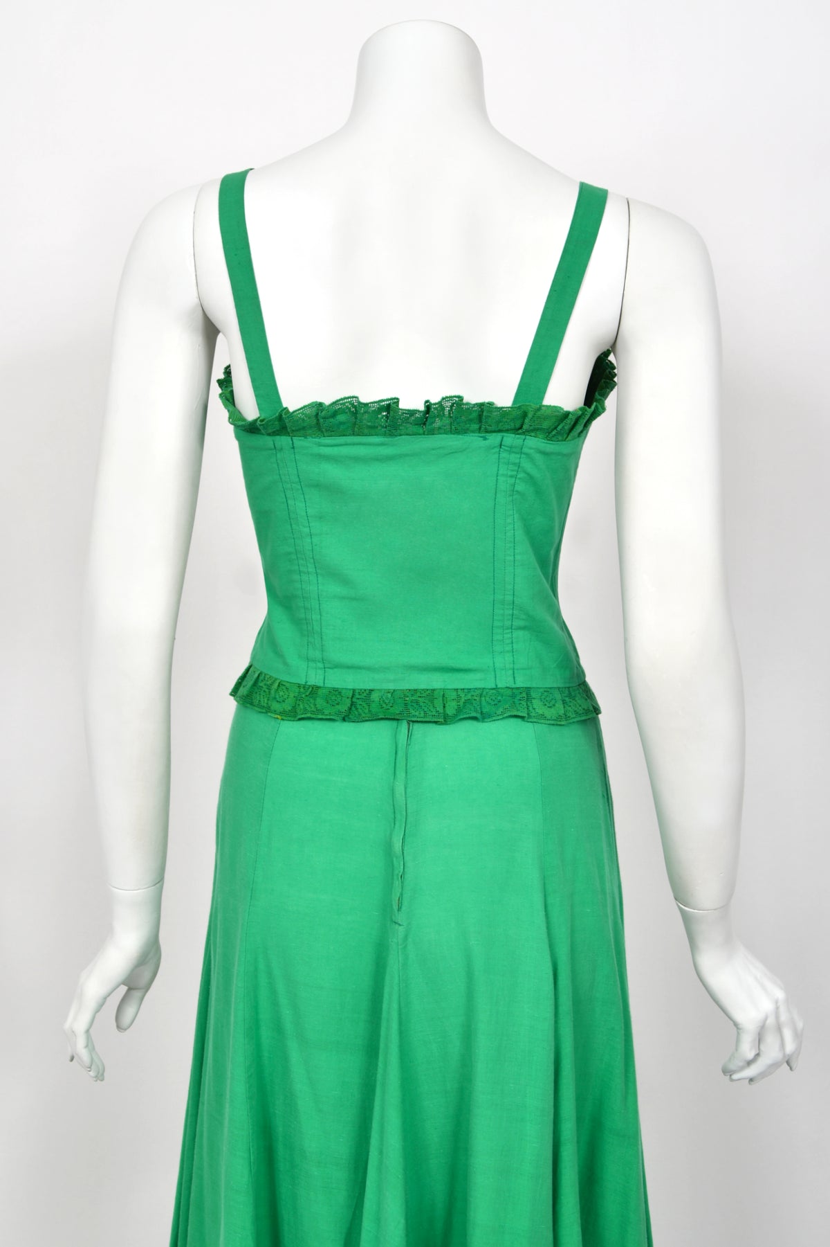1976 Biba Emerald Green Cotton Lace-Up Corset Top & Matching Maxi Skirt