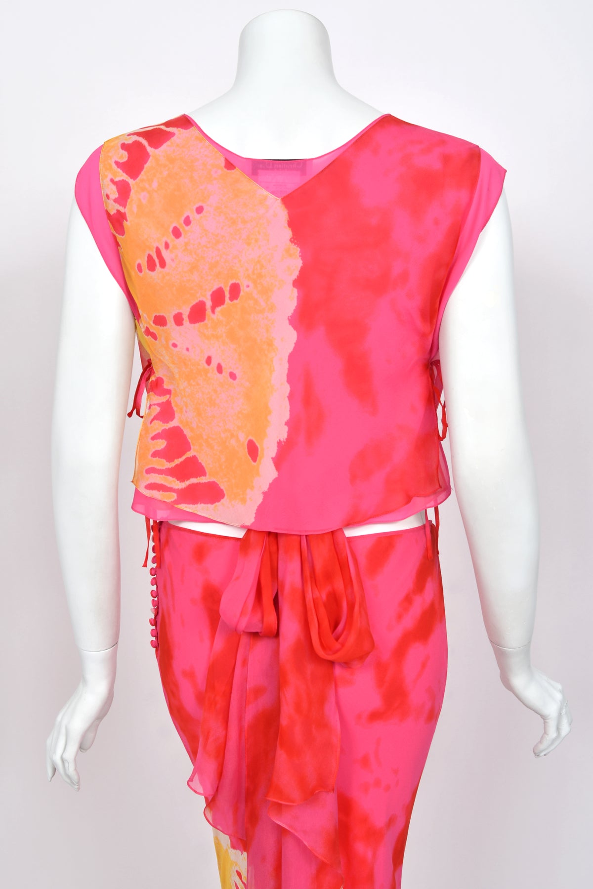 2003 Christian Dior by John Galliano Tie-Dye Pink Yellow Print Silk Cropped Blouse & Bias-Cut Skirt