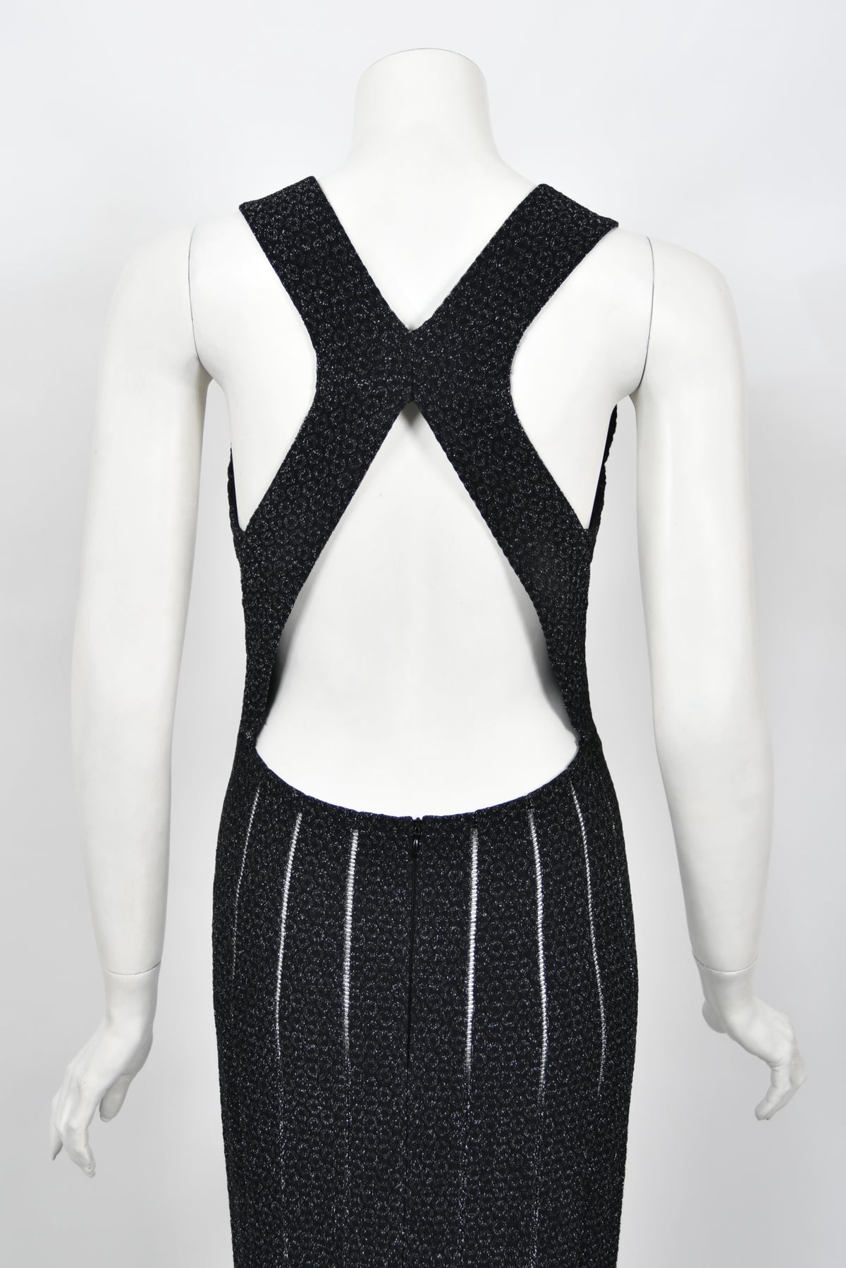 2012 Azzedine Alaia Black Metallic Knit Bodycon Sheer Cutwork Fishtail Gown