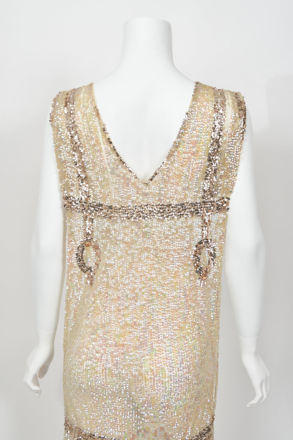 1920&#39;s Iridescent Ivory &amp; Gold Beaded Sequin Sheer-Net Tabard Flapper Dress