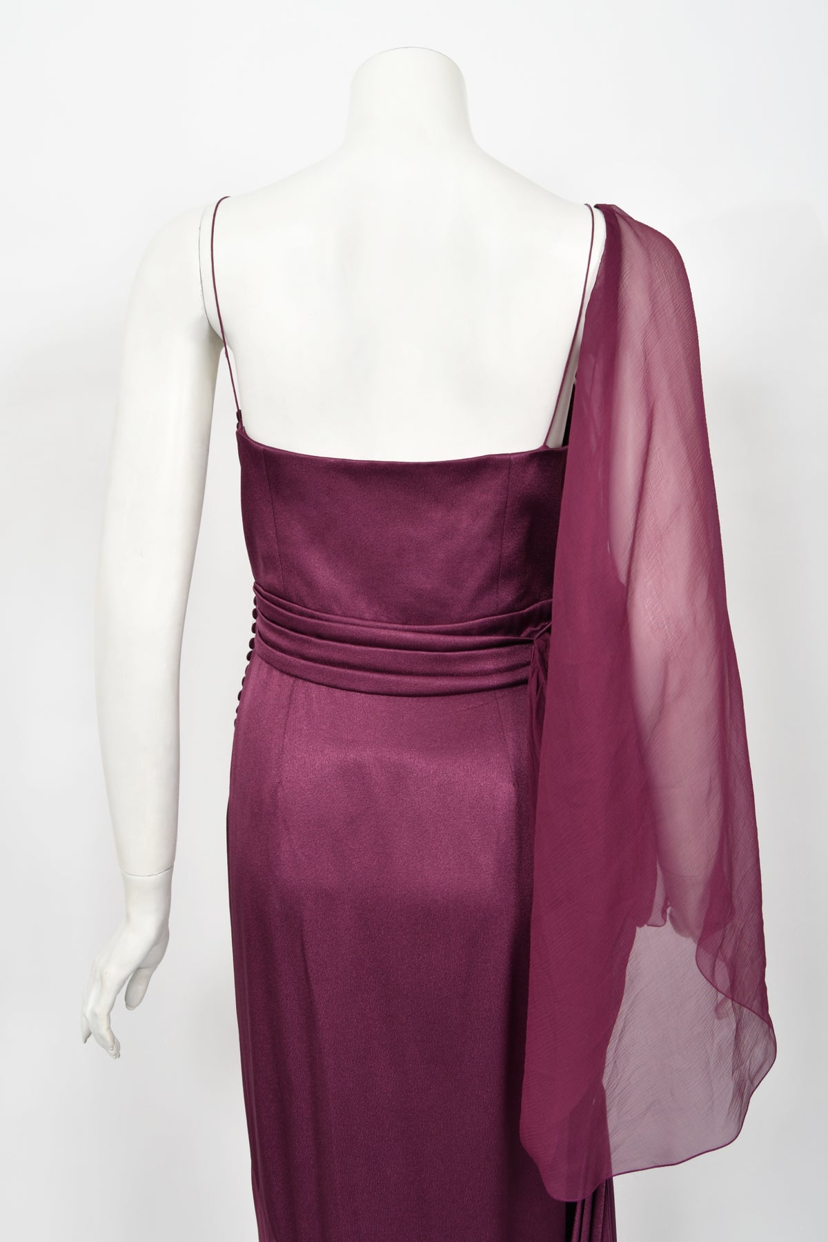 2000 Christian Dior by John Galliano Purple Silk Sheer-Sleeve Asymmetric Draped Gown