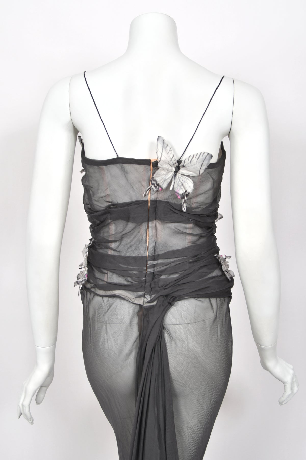 1998 Dolce &amp; Gabbana 'Stromboli Collection' Hand-Painted Butterflies Grey Sheer Silk Corset Gown