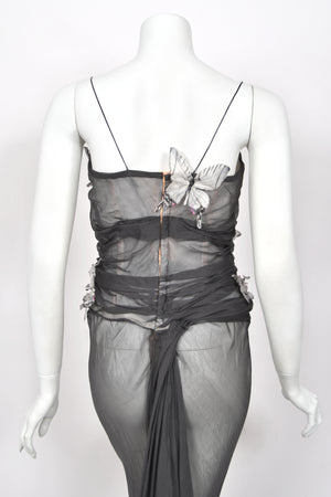 1998 Dolce & Gabbana 'Stromboli Collection' Hand-Painted Butterflies Grey Sheer Silk Corset Gown
