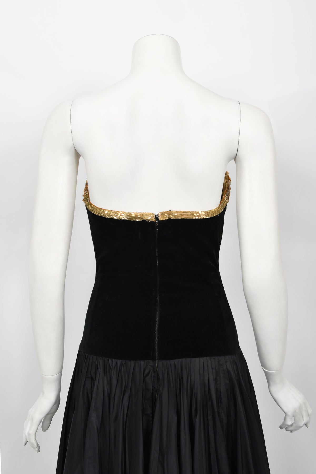1985 Chanel Documented Runway Metallic Beaded Gold Lamé &amp; Black Silk Strapless Gown