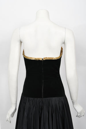 1985 Chanel Documented Runway Metallic Beaded Gold Lamé & Black Silk Strapless Gown