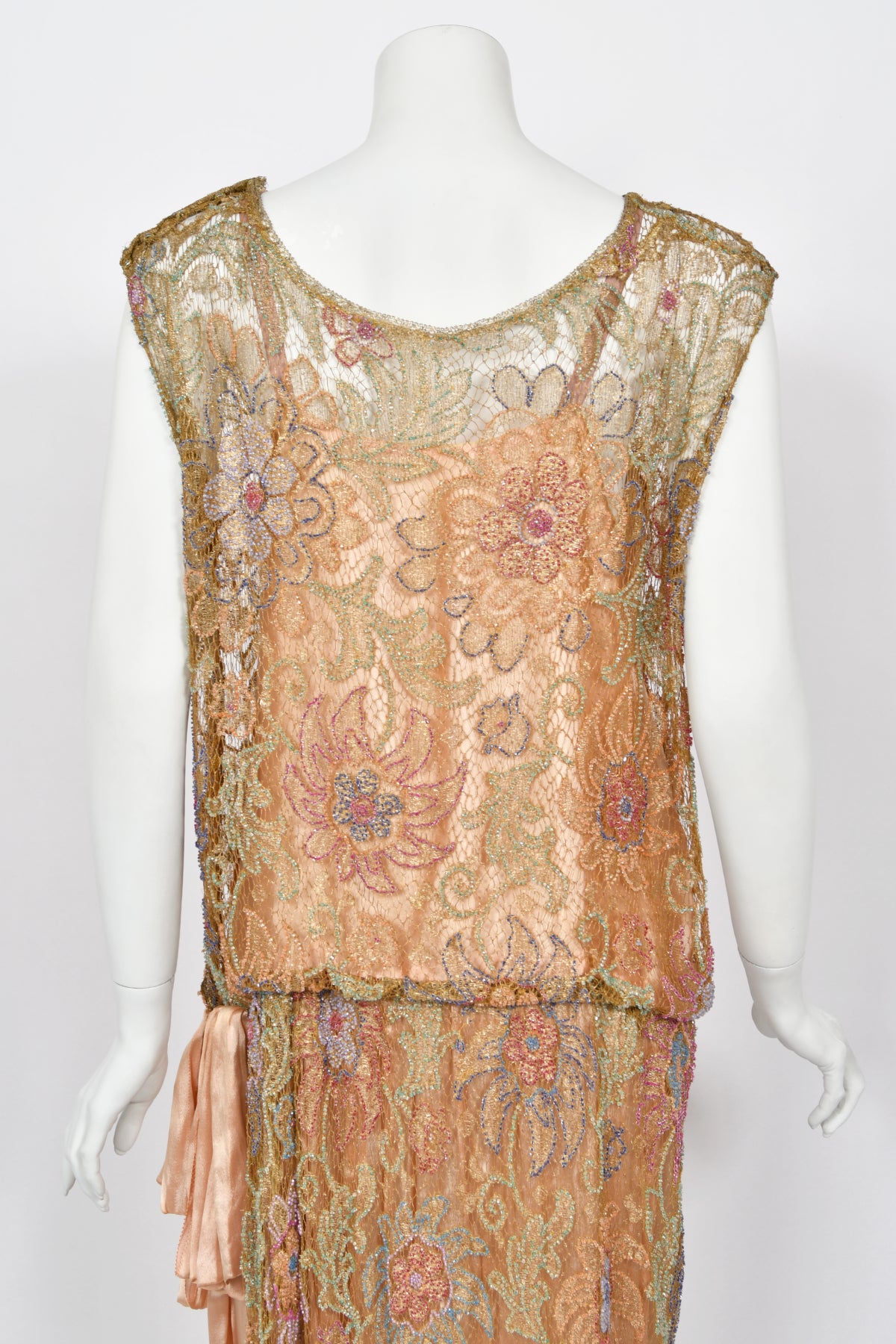 1920&#39;s French Couture Colorful Beaded Metallic Lamè Lace &amp; Pink Silk Dress