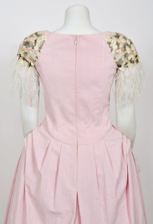2013 Chanel by Karl Lagerfeld Runway Sample Pink Linen Floral Appliqué & Feathers Dress