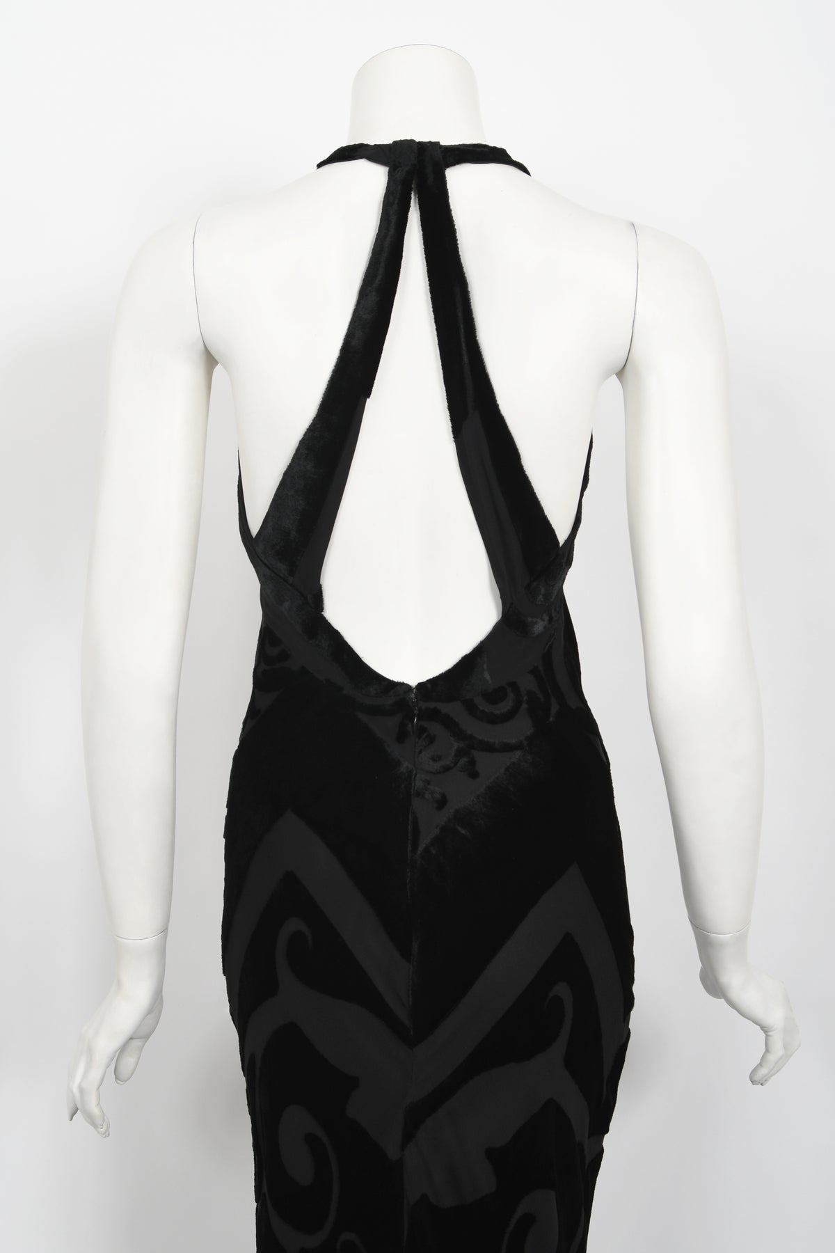 1997 Galindo Couture Black Devoré Velvet Bias-Cut Halter Trained Gown