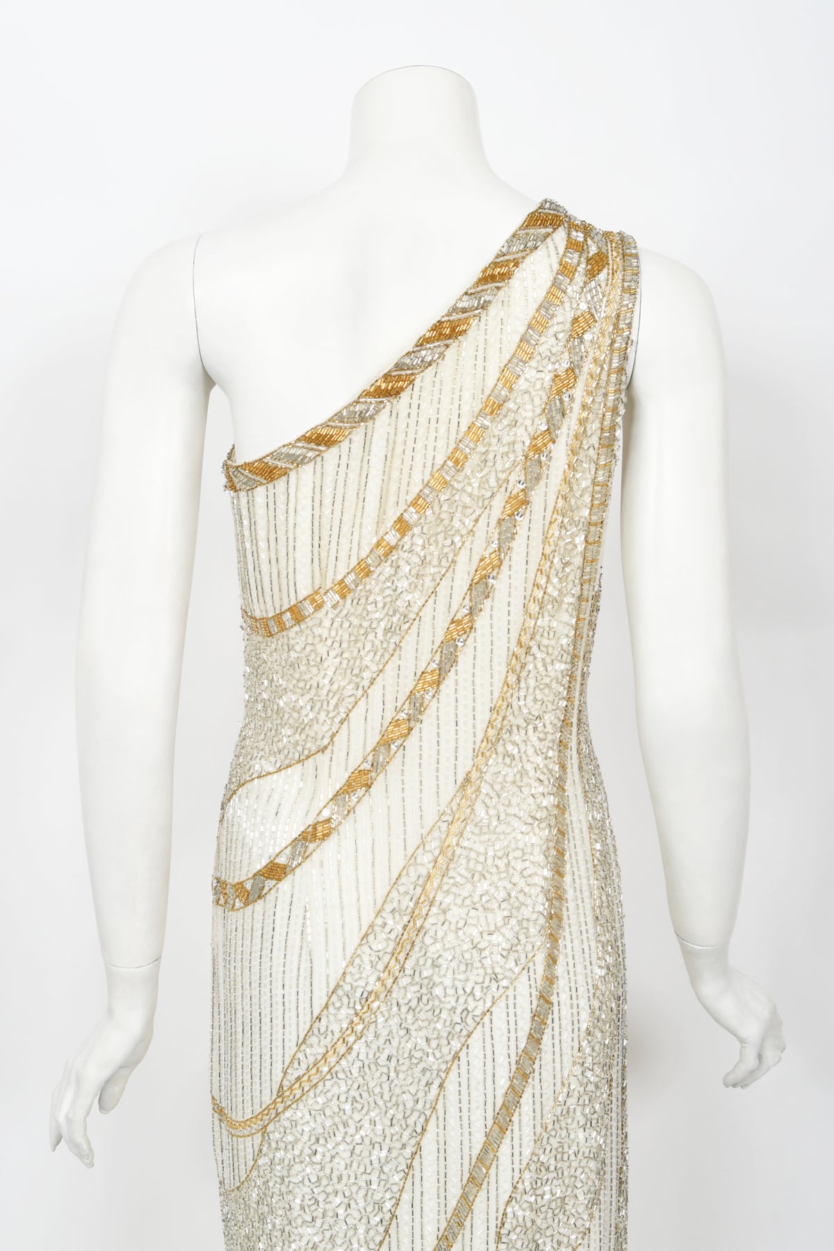 1984 Bob Mackie Couture Ivory Beaded Silk One-Shoulder Goddess Gown