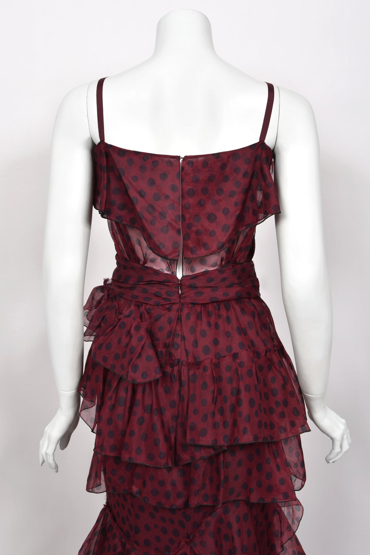 2011 Nina Ricci Editorial Burgundy & Black Polka-Dot Silk Tiered Ruffle Trained Gown w/ Tags