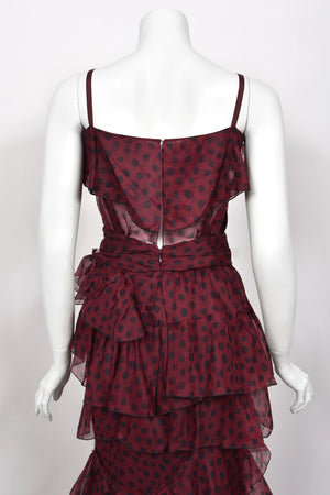 2011 Nina Ricci Editorial Burgundy & Black Polka-Dot Silk Tiered Ruffle Trained Gown w/ Tags