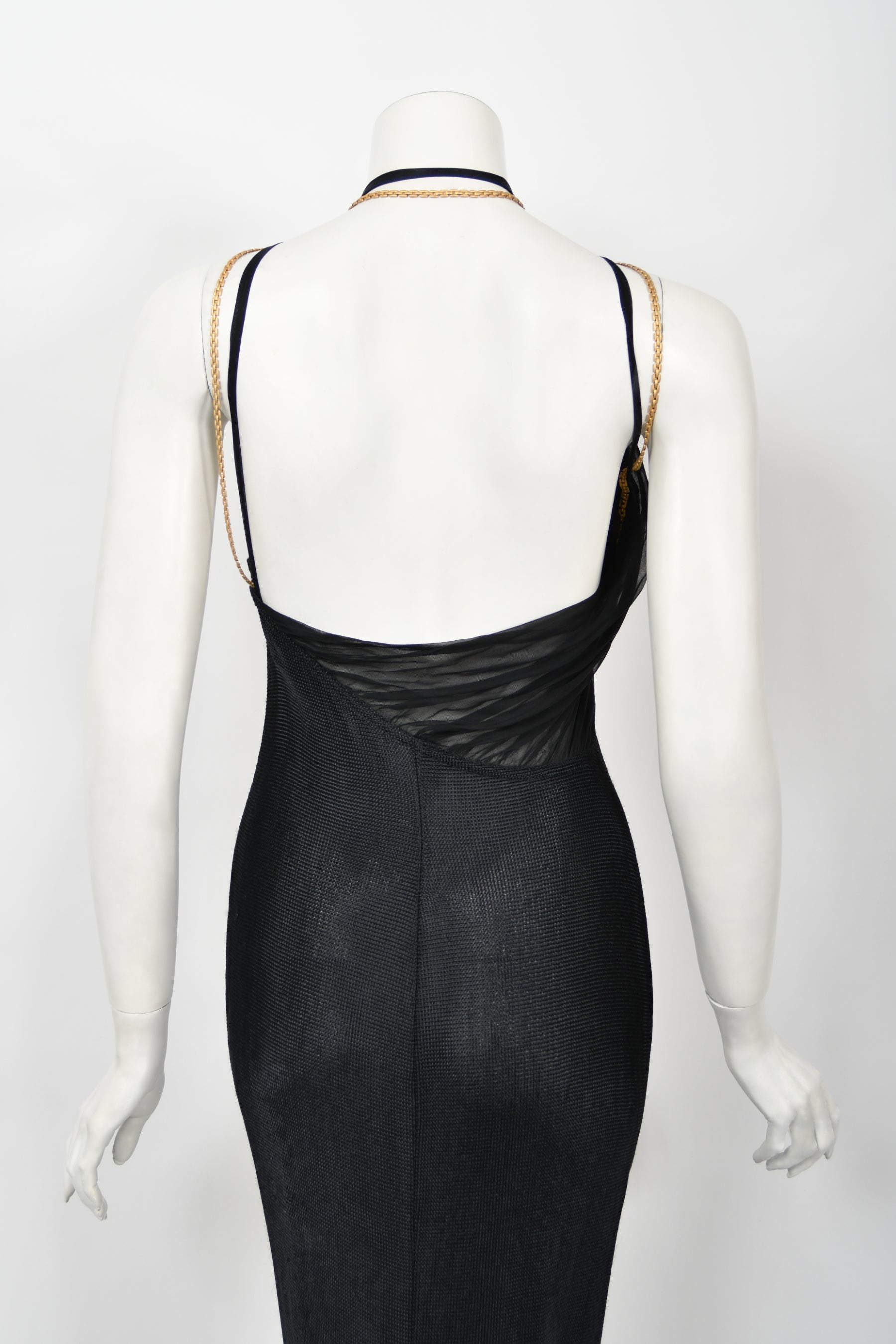 versace stretch neoprene backless dress Versace S/S 2005 Runway Logo Belt Plunging Backless Wrap Black Dress