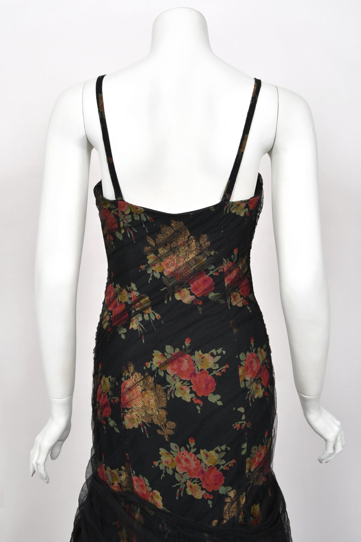 2010 Ralph Lauren Runway Metallic Floral Silk & Black Sheer Tulle Hourglass Mermaid Gown
