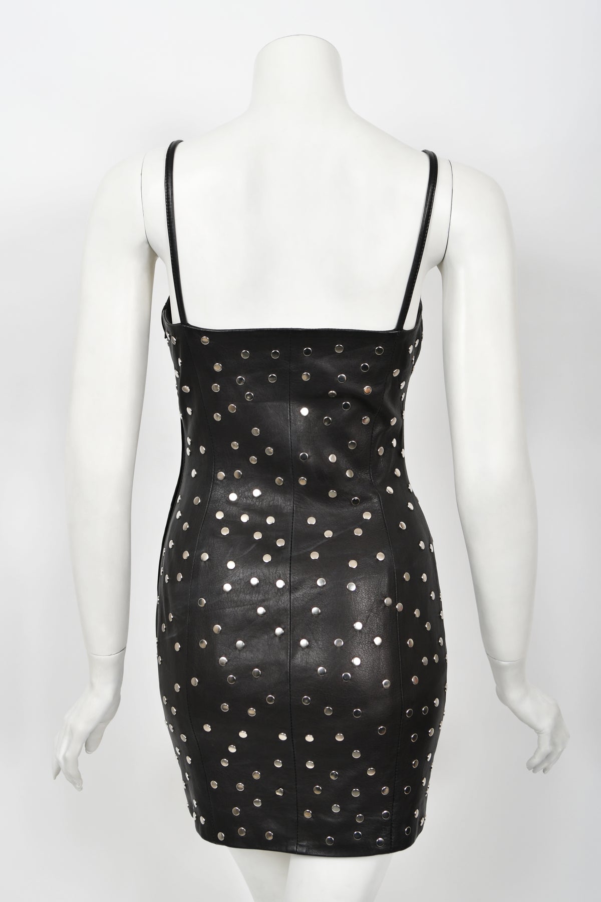 1991 Dolce & Gabbana Documented Runway Studded Black Leather Mini Dress