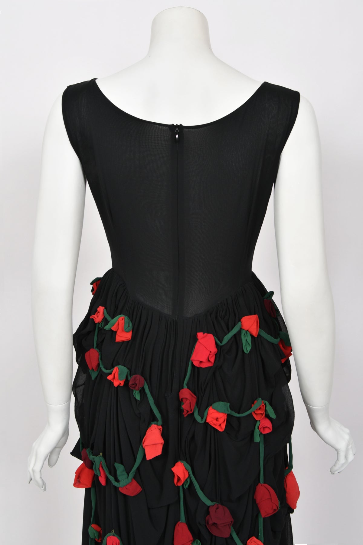 1990 Dolce &amp; Gabbana Black Silk Chiffon Red-Roses Floral Appliqué Dress