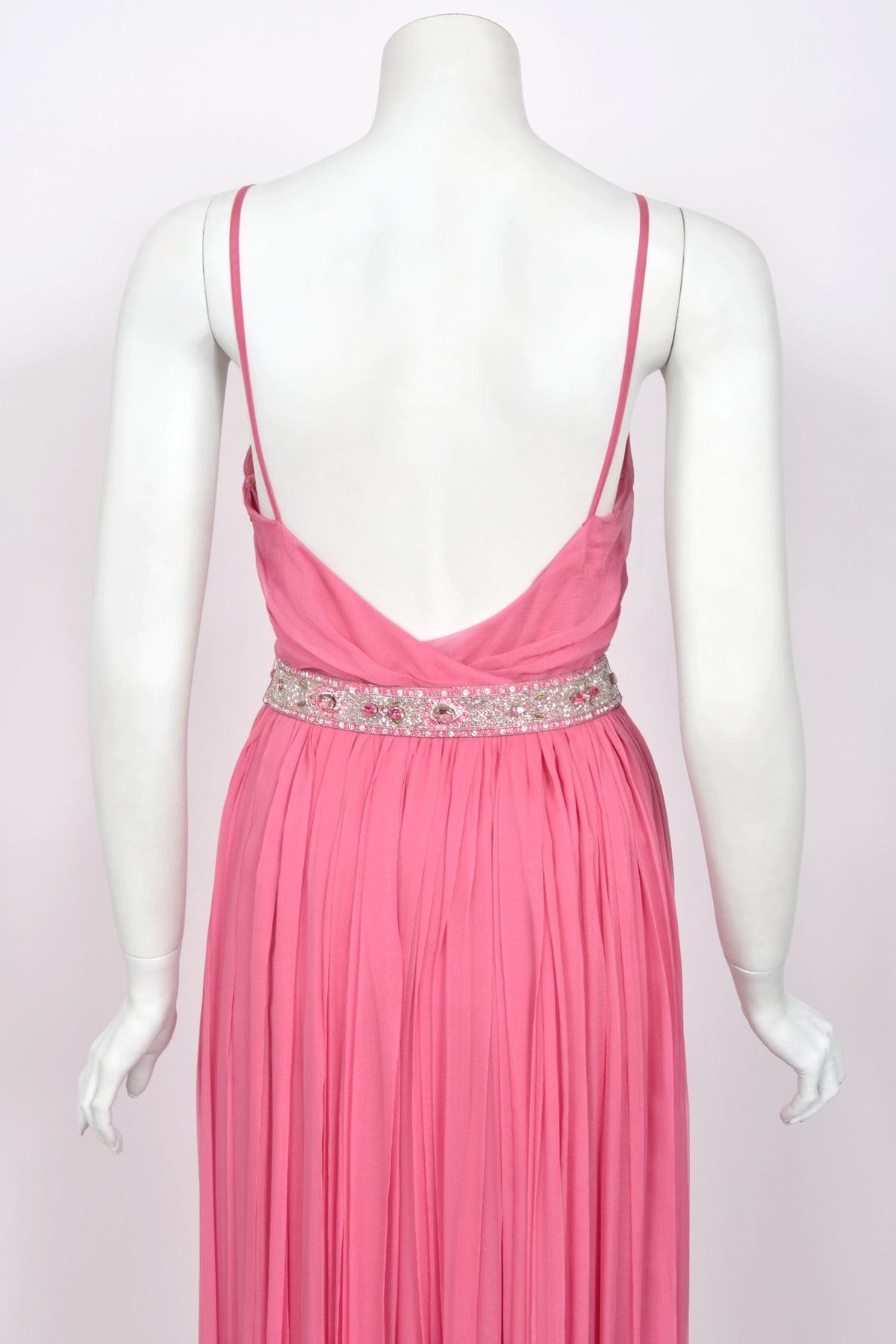 2008 Christian Dior by John Galliano Resort Pink Silk Low-Cut Jeweled Belt Pleated Gown