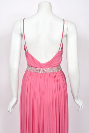 2008 Christian Dior by John Galliano Resort Pink Silk Low-Cut Jeweled Belt Pleated Gown