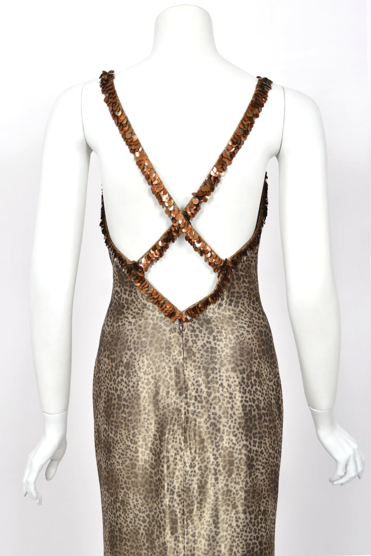 1998 Valentino Runway Semi-Sheer Leopard Print Shimmer Silk Beaded Slip Gown