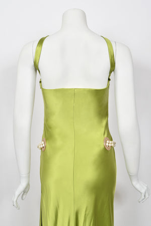 2005 Valentino Runway Chartreuse Silk Draped-Pearls Reverse Halter Glamour Gown