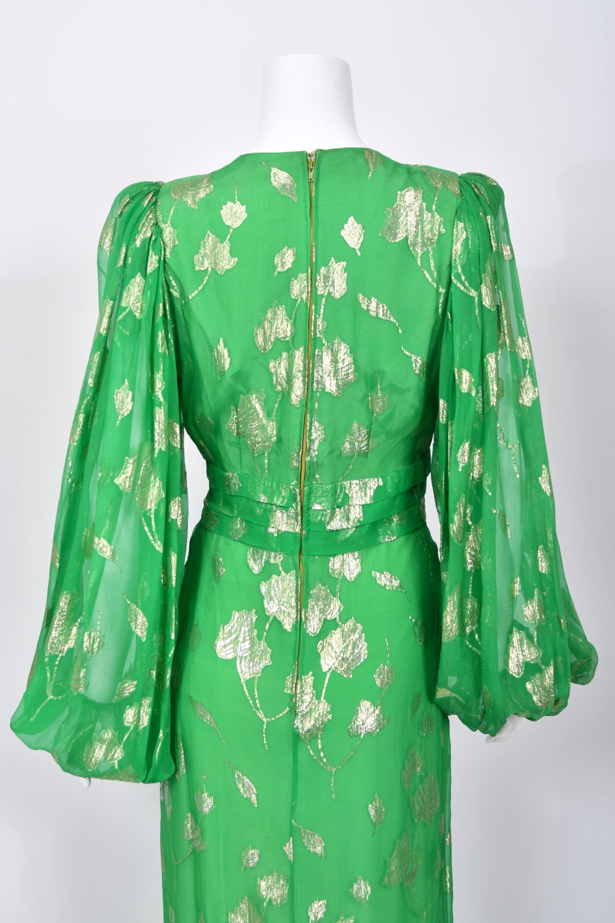 1974 Thea Porter Couture Metallic Green Sheer Silk Billow-Sleeve Maxi Dress