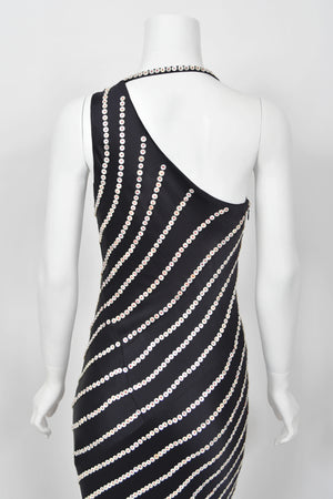 2003 Alexander McQueen Navy Blue Silk Button Embellished Stripes Bias-Cut Gown