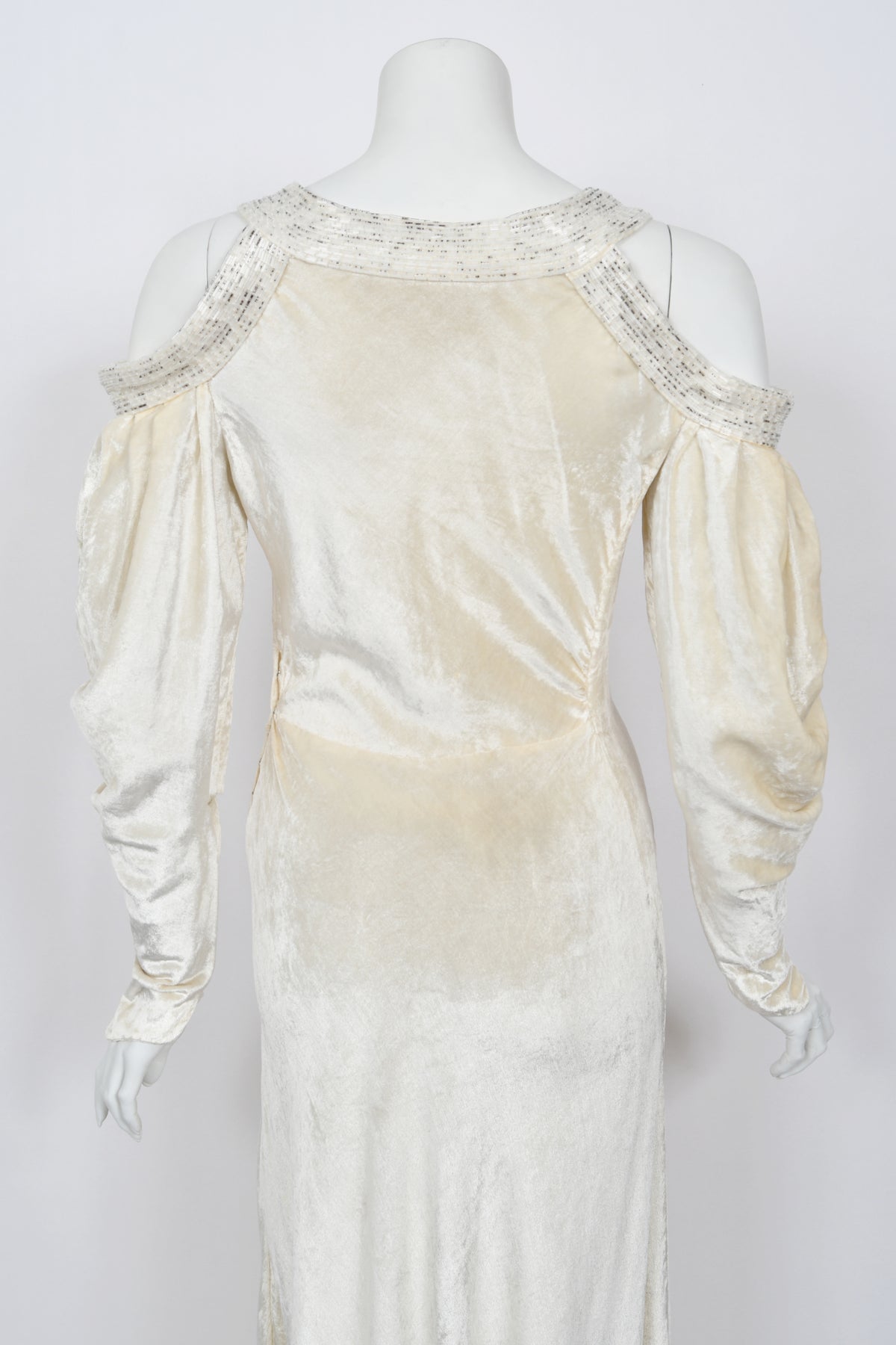 1930's Beaded Ivory Silk-Velvet Cut Out Shoulders Bias-Cut Old Hollywood Gown