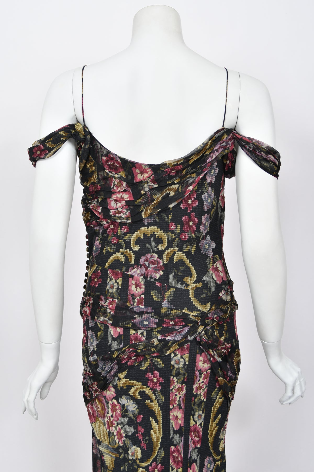 2004 John Galliano Needlepoint Floral Print Silk Bias-Cut Gown w/ Matching Scarf