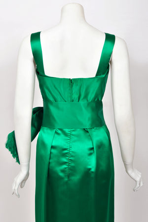 1958 Christian Dior by Yves Saint Laurent Emerald Green Satin Sash-Bow Cocktail Dress
