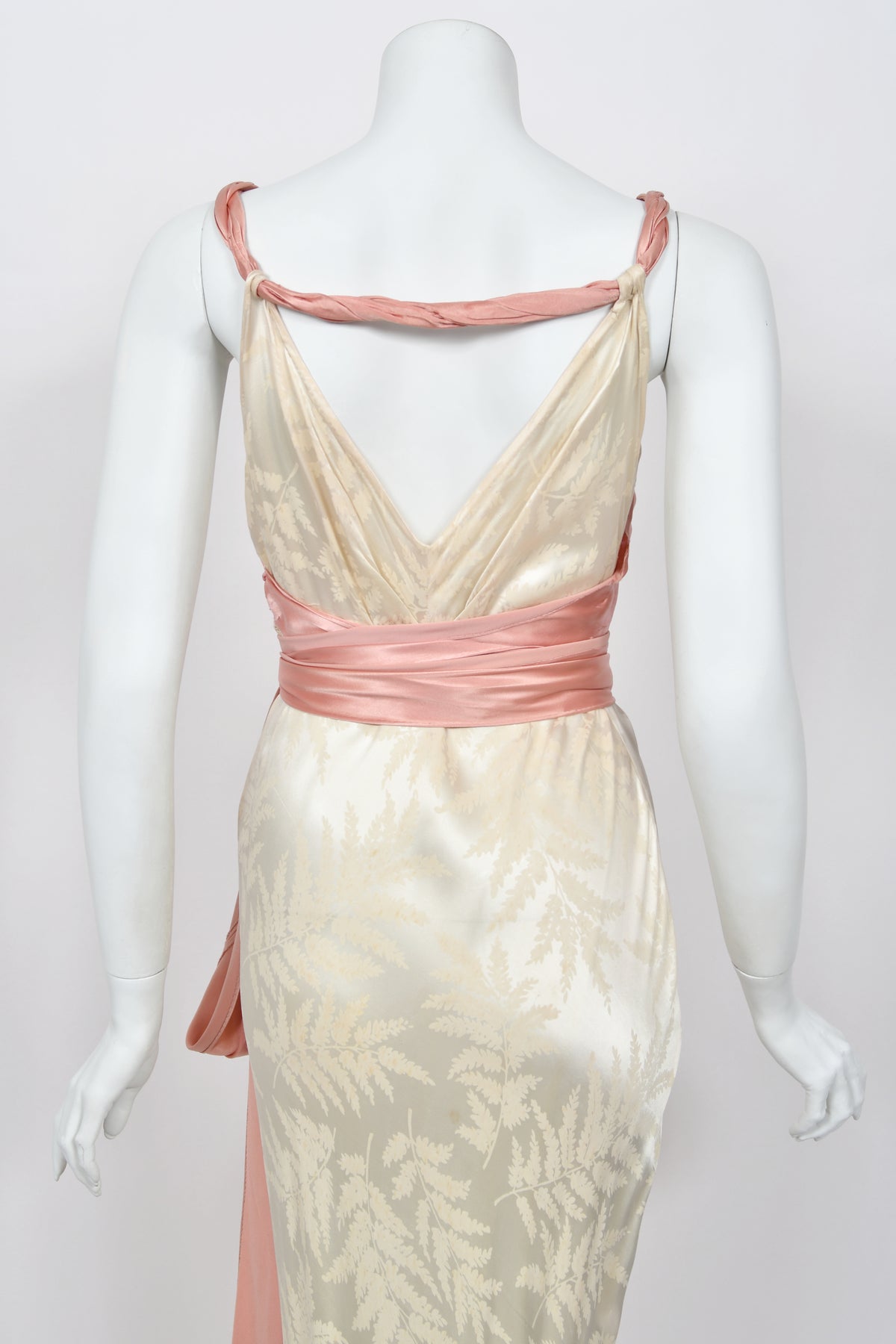 1930’s Ivory Leaf Motif & Blush Pink Silk Satin Floral Appliqué Bias-Cut Trained Couture Gown