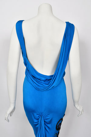 2007 John Galliano Ocean Blue Sequin Viscose Draped Backless Hourglass Gown