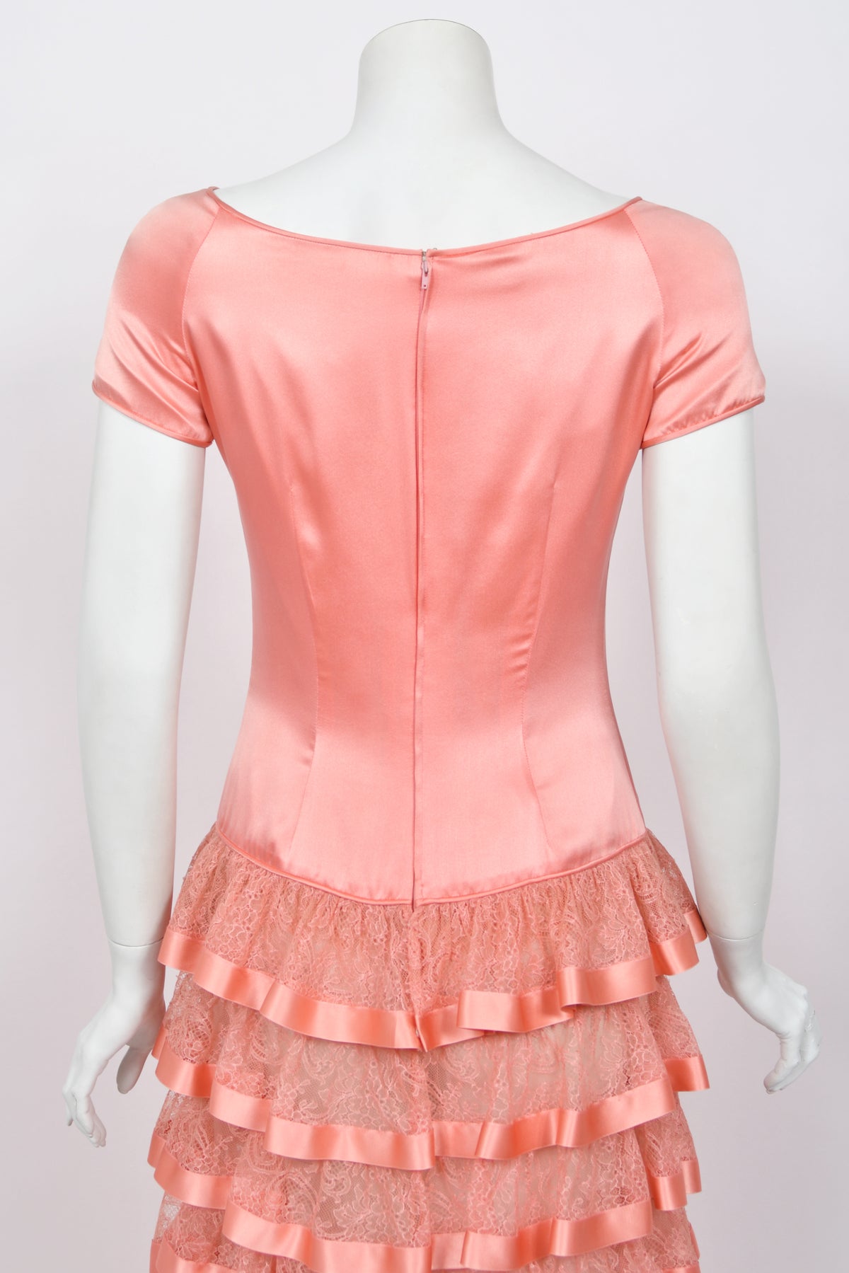 1993 Valentino Runway Blush Pink Silk &amp; Sheer Chantilly-Lace Tiered Ruffle Maxi Dress