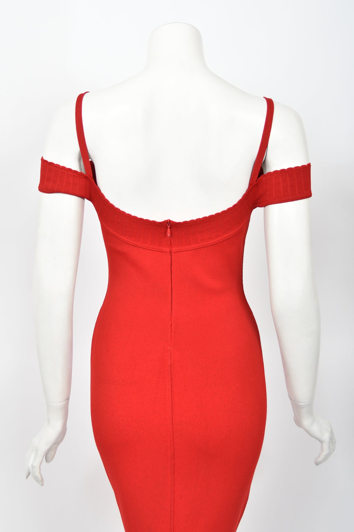 1992 Azzedine Alaia Documented Red Stretch Knit Cold-Shoulder Bodycon Maxi Dress